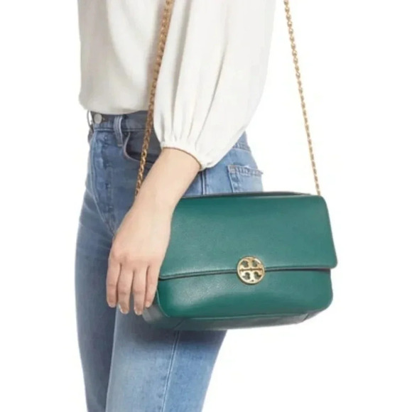 TORY BURCH Chelsea Chain Stap Leather Shoulder Bag Dark Green Gold - Picture 1 of 15
